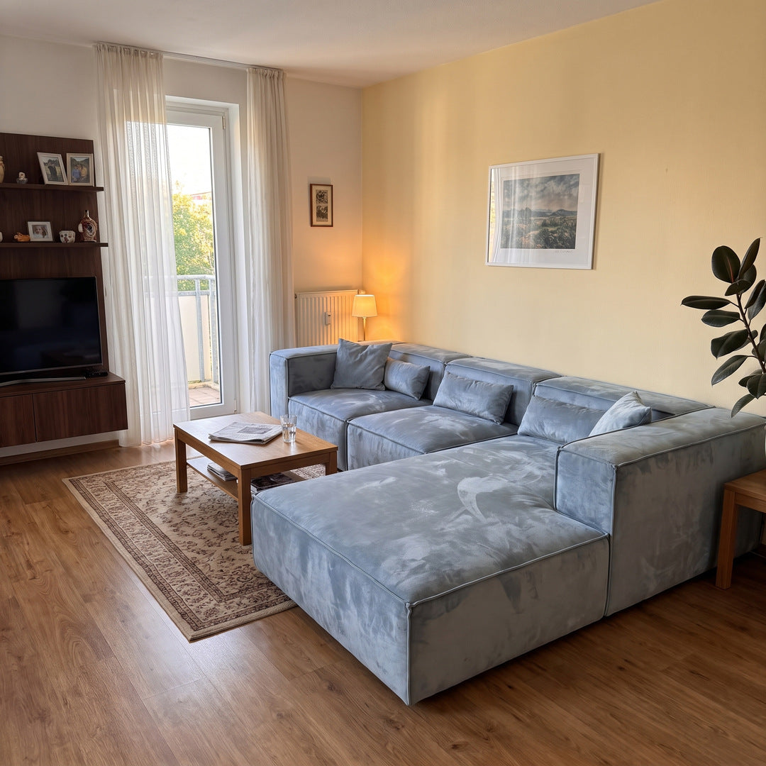 Modulares Ecksofa in Hellblau Samt mit Liegeteil
